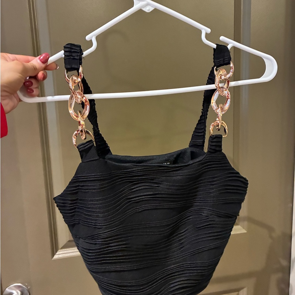 SHEIN Black Textured Crop Top with Gold Accent Straps